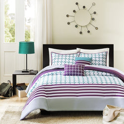 Full/Queen 5-Piece Comforter Set in Purple White Teal Circles & Stripes - Dubh_Arts
 - 1