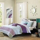 Full/Queen 5-Piece Comforter Set in Purple White Teal Circles & Stripes - Dubh_Arts
 - 4