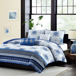 Queen size 7-Piece Comforter Set in Black White Grey Damask Pattern - Dubh_Arts
 - 1