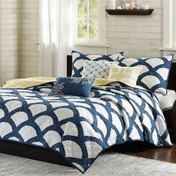 King Navy White Yellow Geometric Cotton 6 Piece Quilt Coverlet Set with Matching Pillows - Dubh_Arts
 - 1