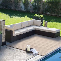 Outdoor Wicker Resin 6-Piece Sectional Sofa Patio Furniture Conversation Set with Tan Stripe Cushions - Dubh_Arts
 - 1