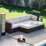 Outdoor Wicker Resin 6-Piece Sectional Sofa Patio Furniture Conversation Set with Tan Stripe Cushions - Dubh_Arts
 - 3
