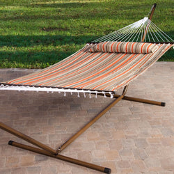 Blue White Meander Quilted 11-Ft Hammock with Sturdy Metal Stand - Dubh_Arts
 - 1