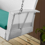 Modern White Resin Wicker Outdoor Patio Porch Swing with Turquoise Seat Cushion - Dubh_Arts
 - 4